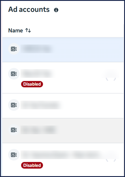 Business Manager ad accounts list with disabled accounts